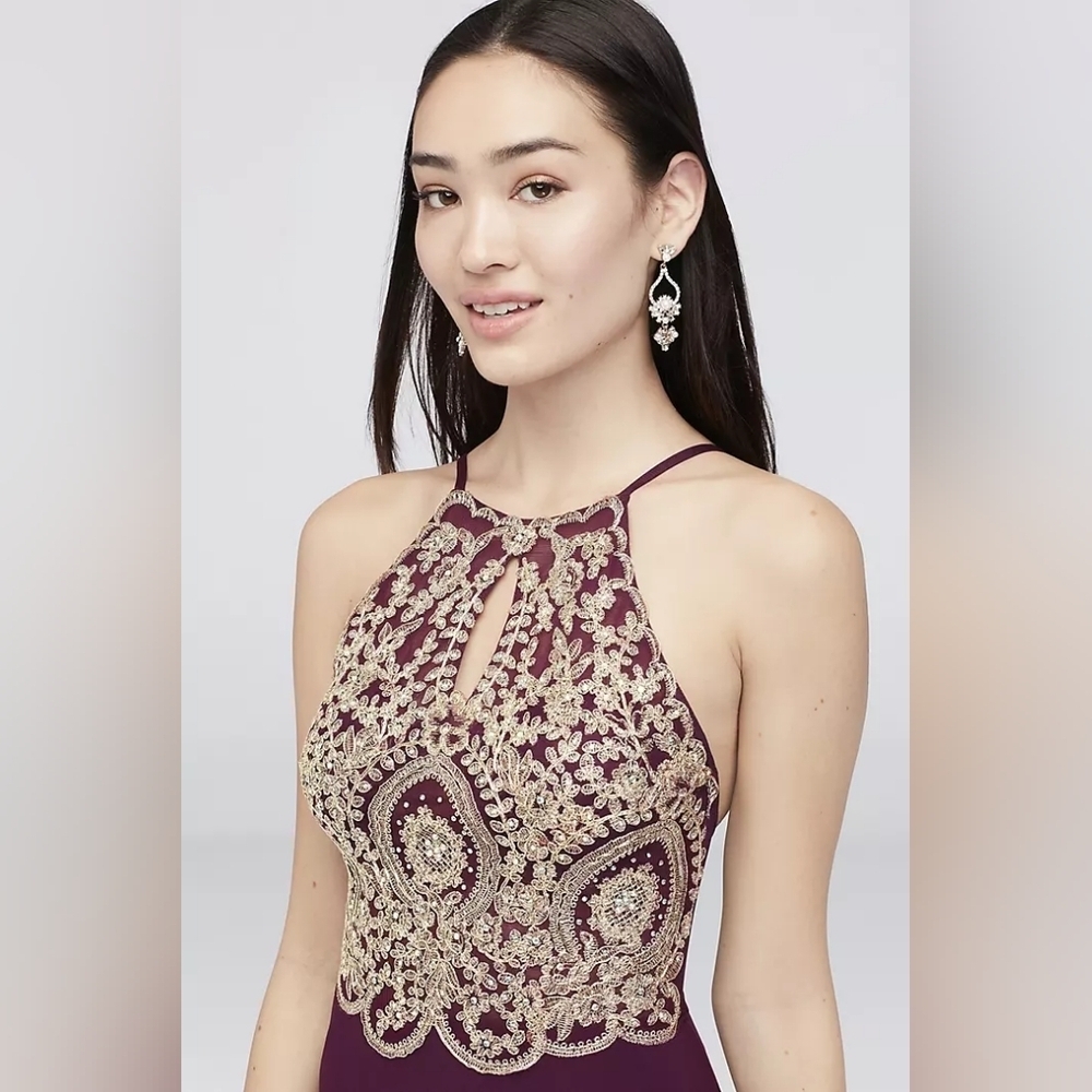 Blondie Nites By Stacy Sklar Corded Lace Filigree Ilusion Bodice Sheath Gown - Picture 3 of 15